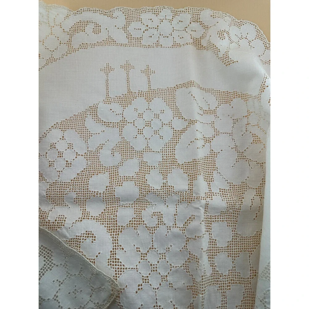 Vintage 1940s Pure Linen Tablecloth Napkins Set NOS Lace Floral White 7pc Set